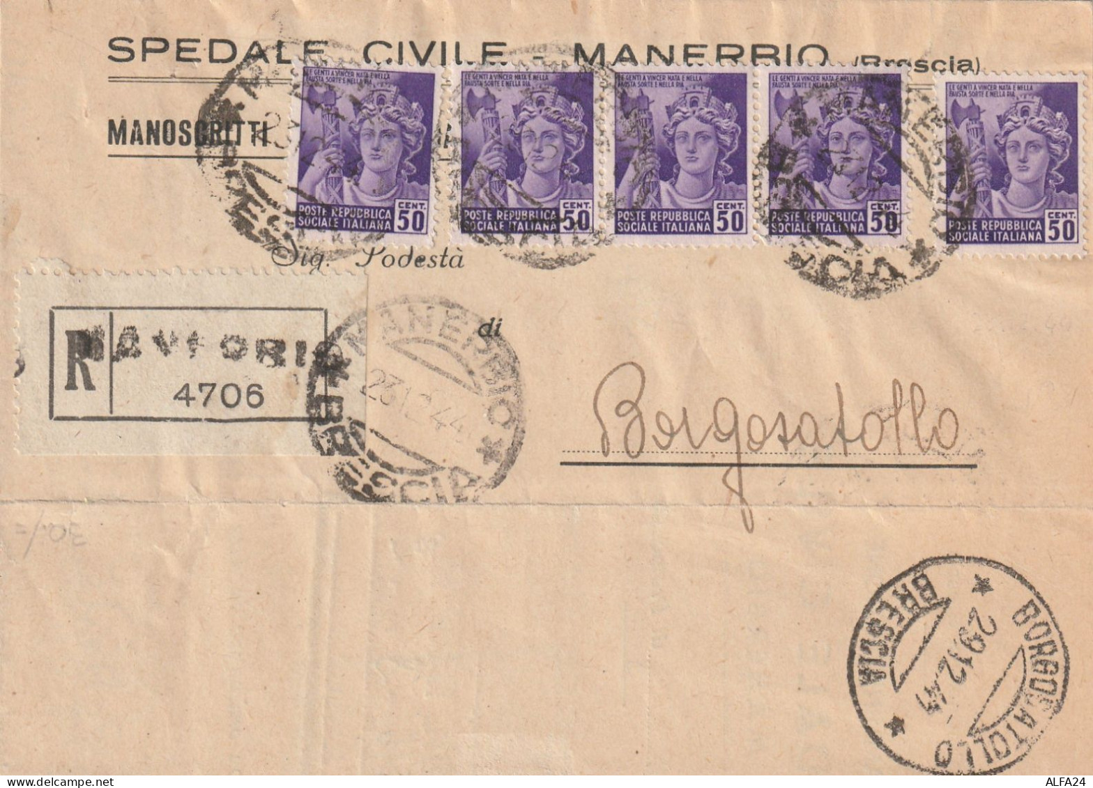 RACCOMANDATA 1944 RSI 5X50 C. TIMBRO MANERBIO BRESCIA BORGOSATOLLO (YK143 - Poststempel