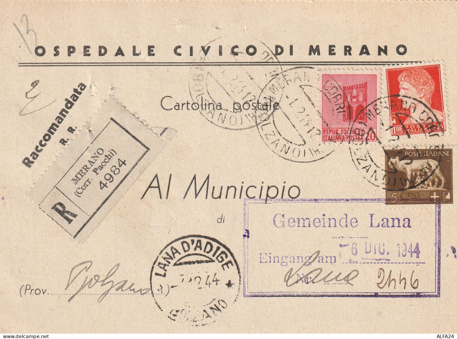 RACCOMANDATA 1944 RSI 5+20 MON DIST +1,75 TIMBRO MERANO LANA D'ADIGE BOLZANO (YK141 - Poststempel