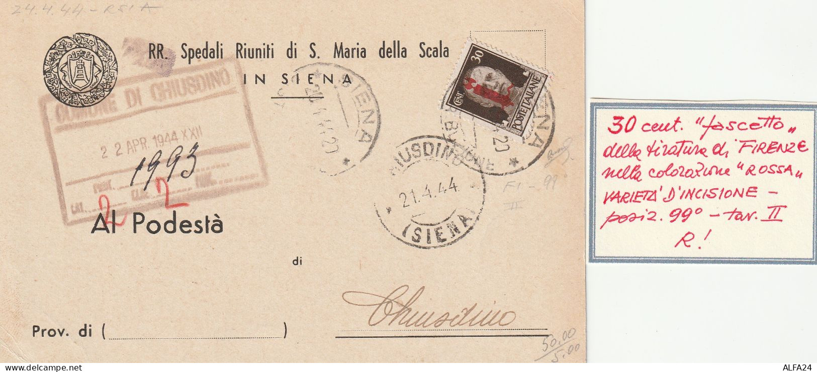 CARTOLINA POSTALE 1944 RSI C.30 SS TIMBRO CHIUSDINO SIENA FIRMATA BIONDI (YK132 - Marcophilia