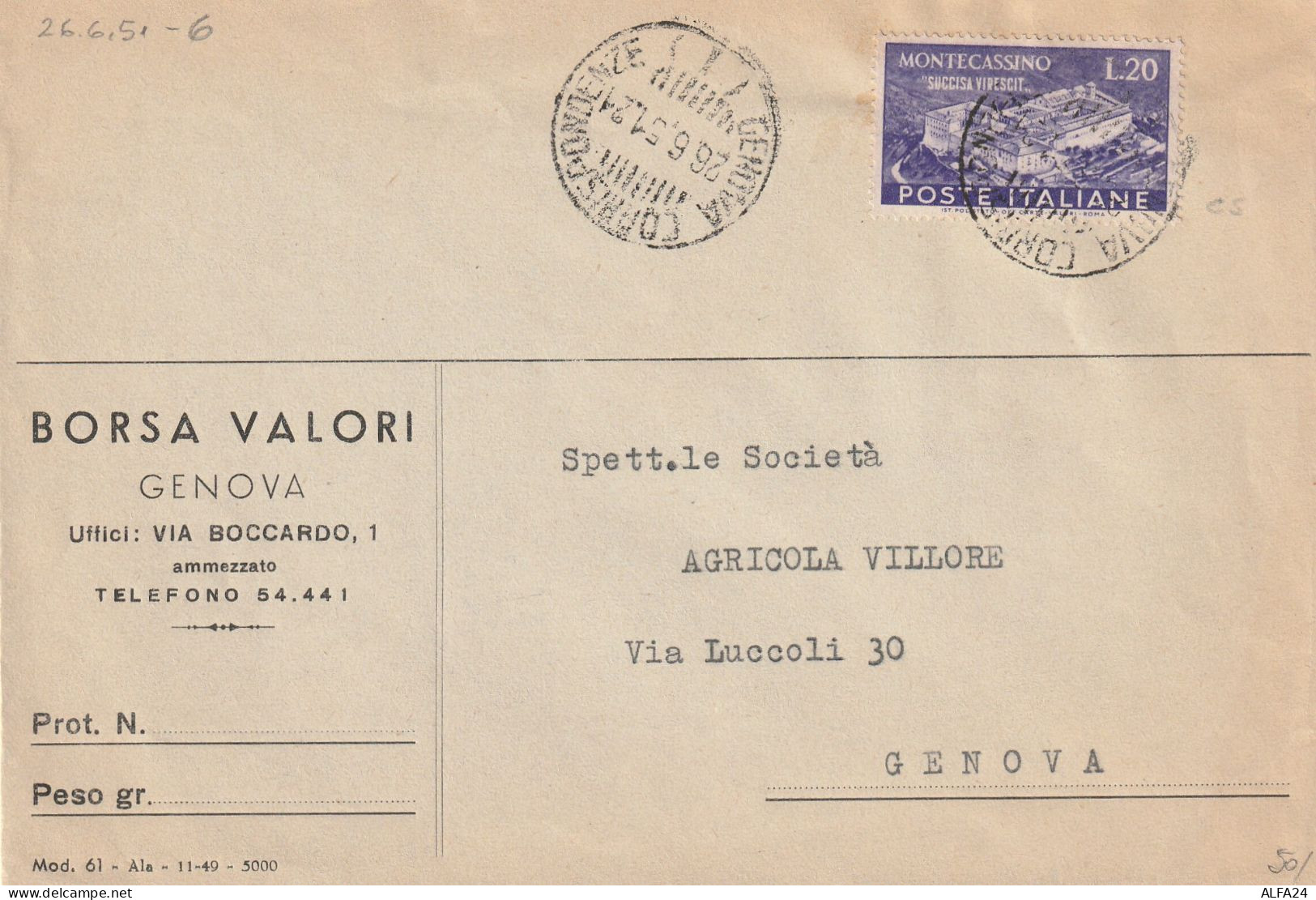 CARTOLINA POSTALE 1951 L.20 MONTECCASSINO TIMBRO GENOVA (YK136 - 1946-60: Poststempel