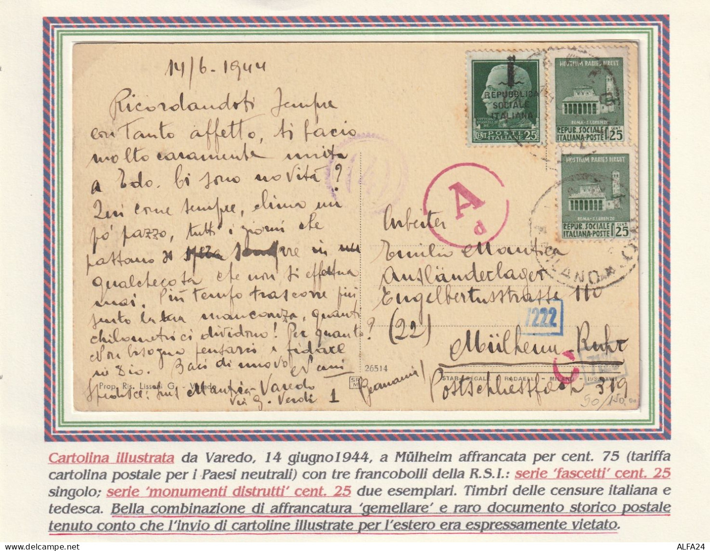 CARTOLINA POSTALE C.25 SS+2X25 MON DIST  1944 RSI (YK135 - Marcofilie