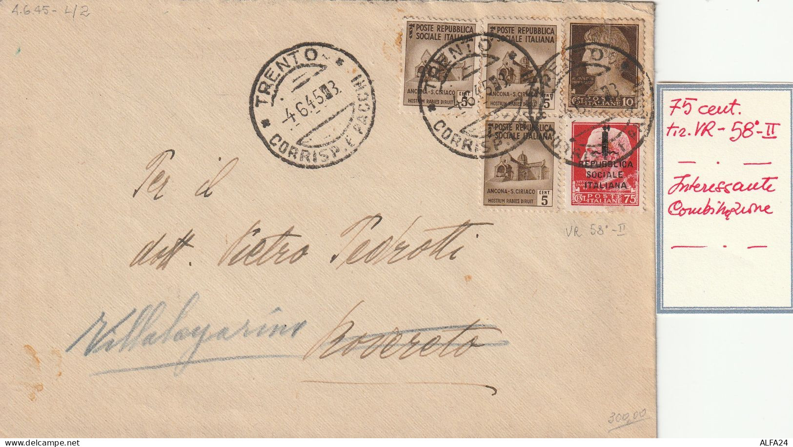 LETTERA 1945 RSI 3X5 MON DIST +10+75 SS TIMBRO TRENTO  (YK129 - Poststempel