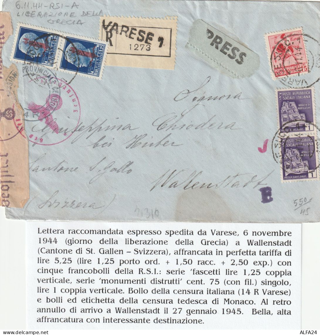 RACCOMANDATA 1944 RSI 2X1+2X1,25 SS +75 TIMBRO VARESE (YK127 - Poststempel