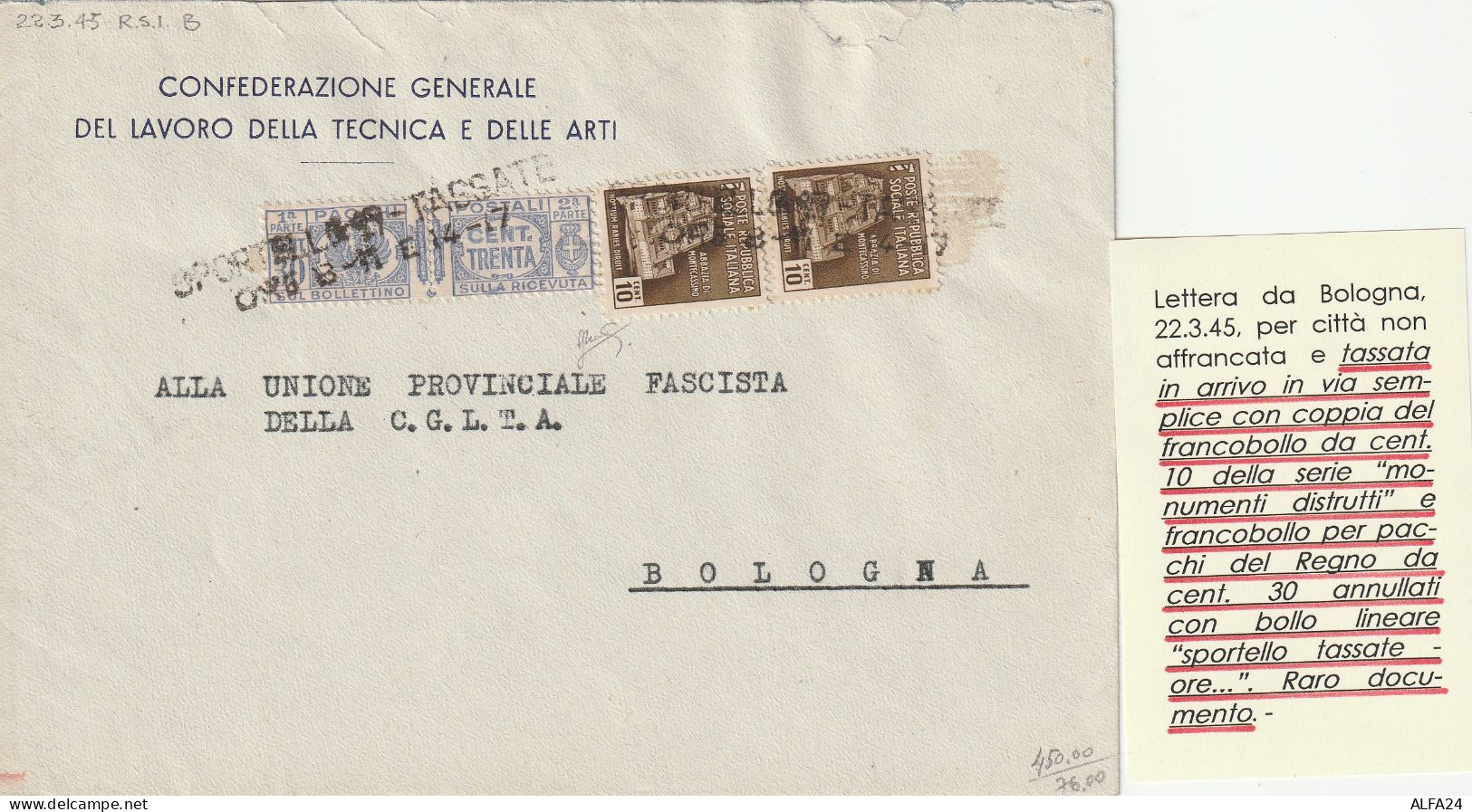 LETTERA 1945 RSI 2X10+PACCHI C.30 TIMBRATO CONS SPORTELLO TASSATE (YK117 - Marcofilía