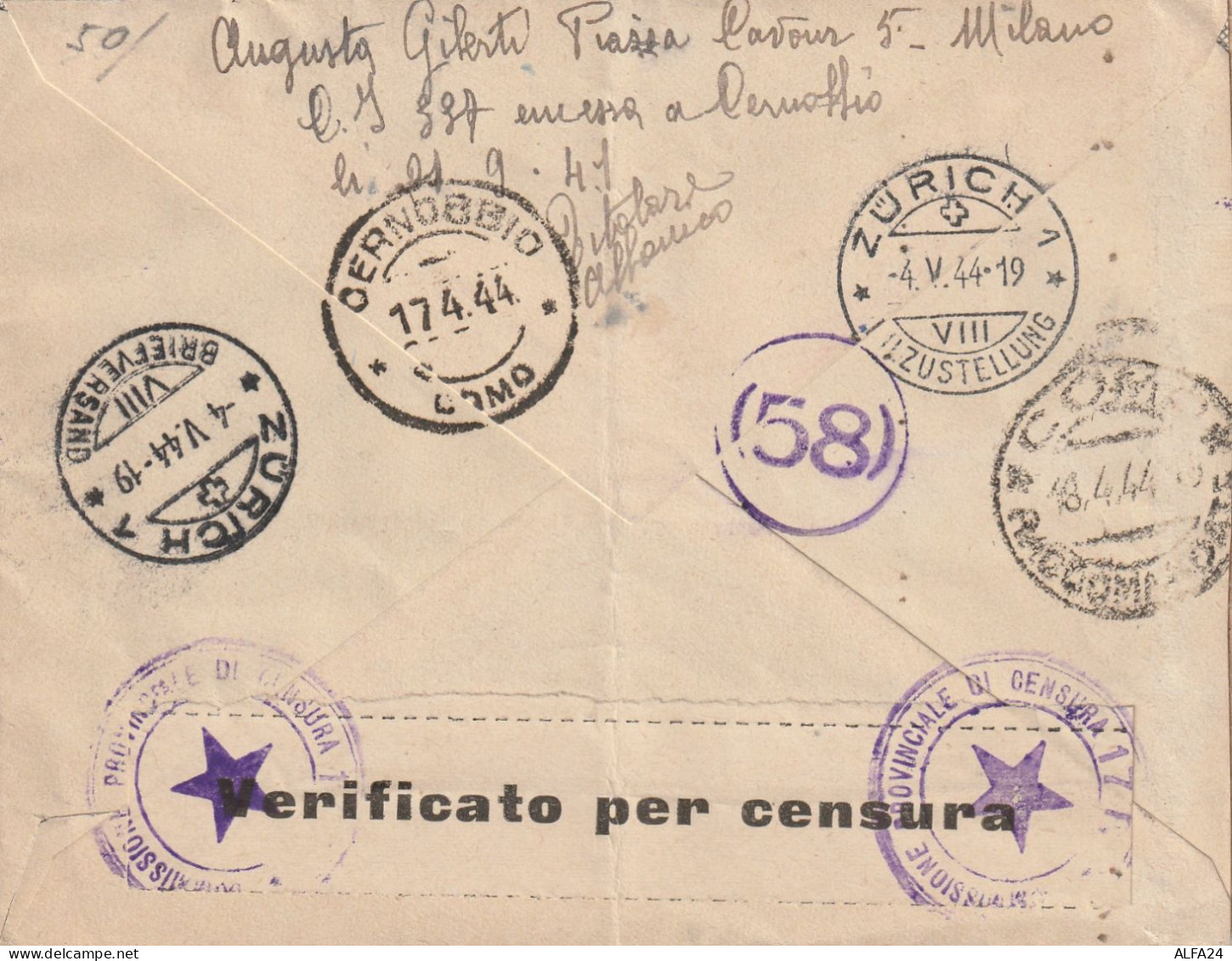 RACCOMANDATA 1944 RSI 3X1,25 +2X75 PA TIMBRO CERNOBBIO COMO ARRIVO ZURICH (YK125 - Poststempel