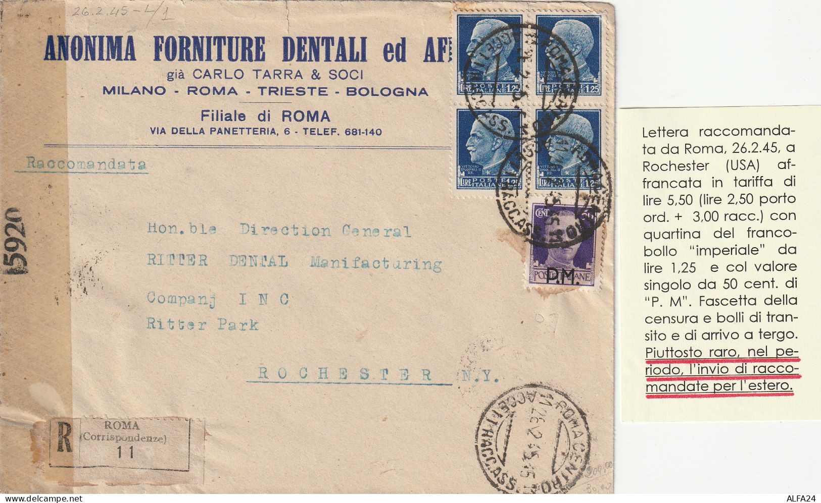 RACCOMANDATA 1945 RSI 4X1,25+50 PM TIMBRO ROMA CENSURA NEW YORK (YK115 - Poststempel