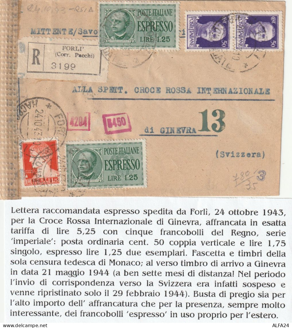RACCOMANDATA 1943 RSI 2X1,25 ESPR+2X50+1,75 TIMBRO FORLI ARRIVO GENEVE (YK123 - Marcofilía
