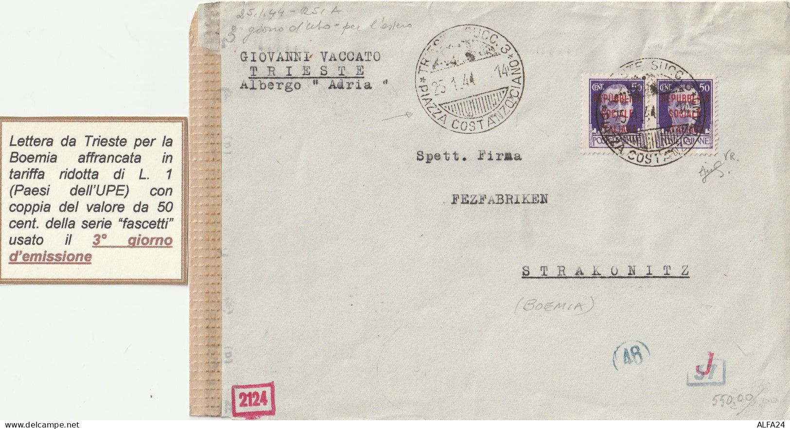 LRYYRTS 1944 RSI 2X50 SS TIMBRO TRIESTE DIRETTA BOEMIA FIRMATA BIONDI (YK109 - Poststempel