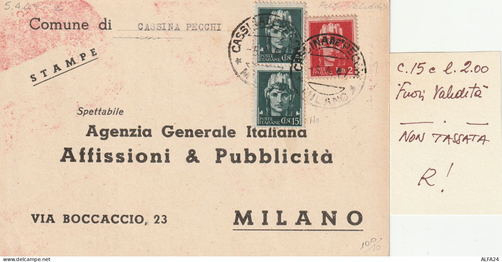 LETTERA 1947 L.2+2X15 FUORI CORSO -NON TASSATA TIMBRO CASSINA DE PECCHI (YK92 - 1946-60: Marcophilia