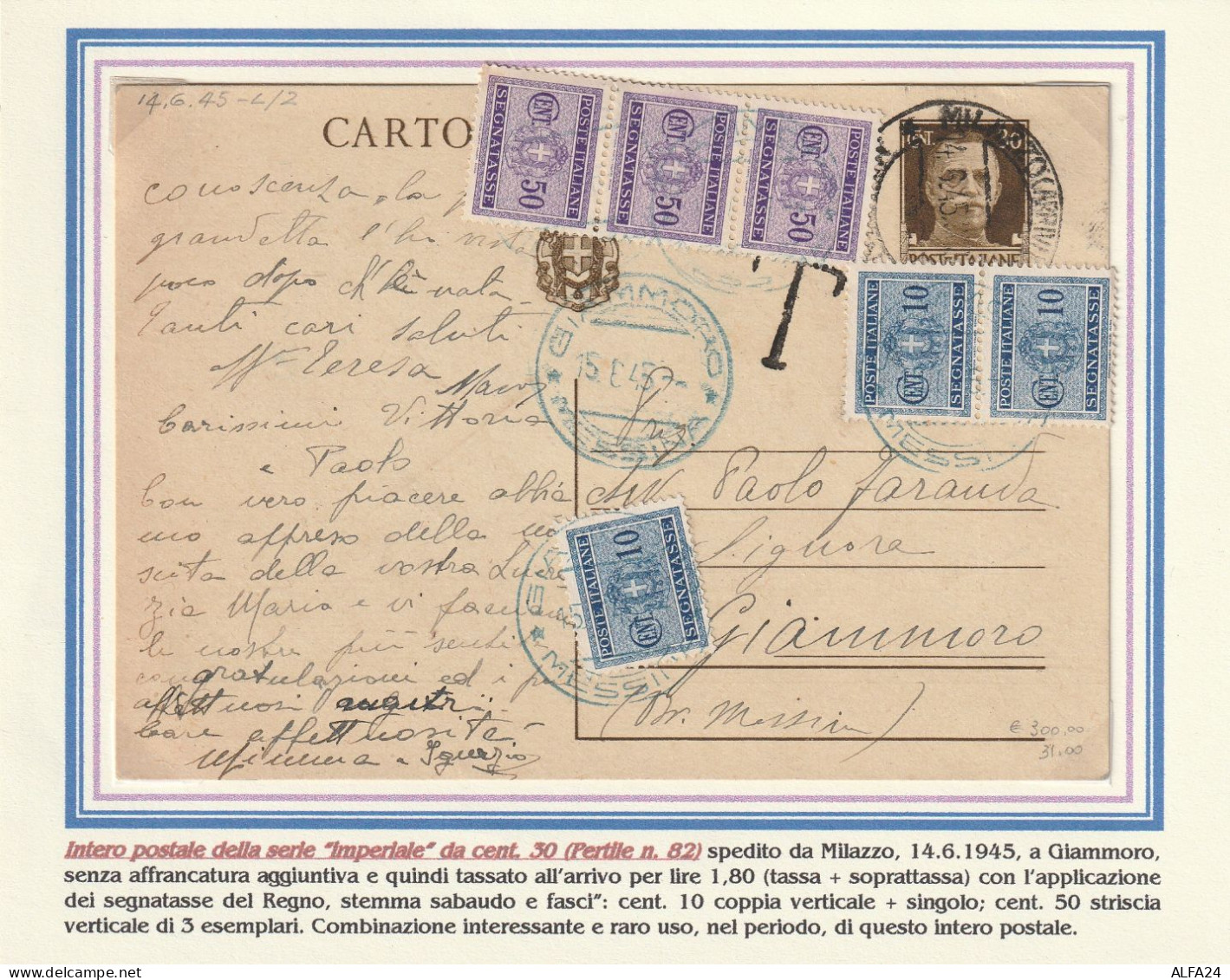 INTERO POSTALE 1945 LUOGOTENENZA C.30 REGNO+SEGNATASSE 3X10+3X50 REGNO TIMBRO GIAMMORO MESSINA (YK91 - Poststempel