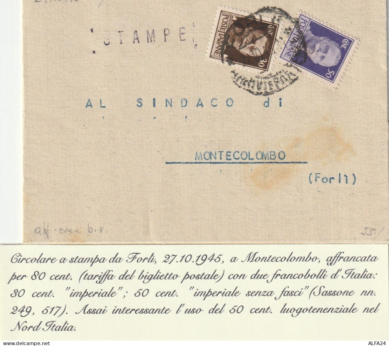 LETTERA 1945 LUOGOTENENZA 50+30 REG TIMBRO FORLI (YK87 - Marcophilia