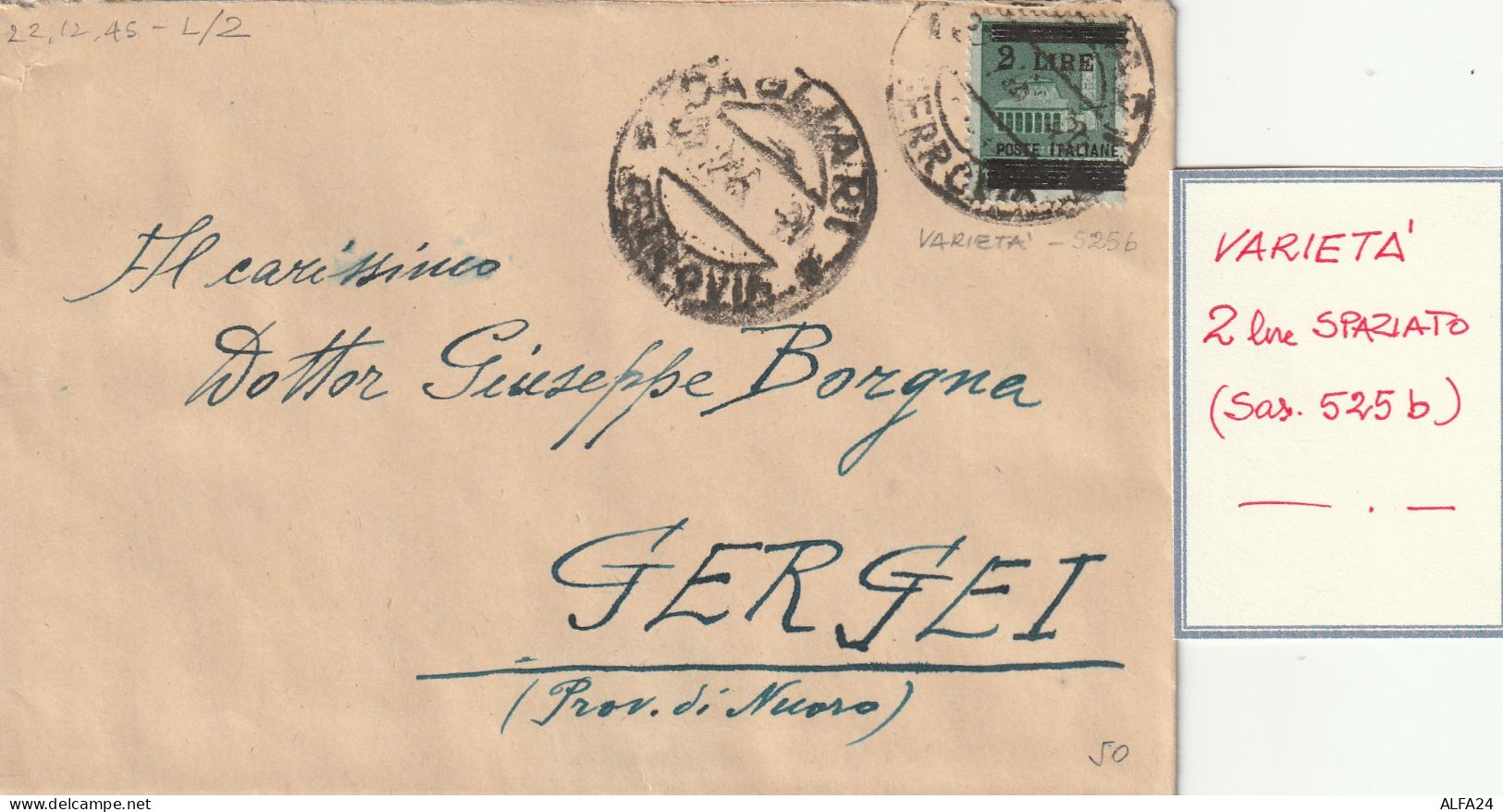 LETTERA 1945 LUOGOTENENZA L.2 SS SPAZIATO TIMBRO CAGLIARI (YK89 - Marcofilía