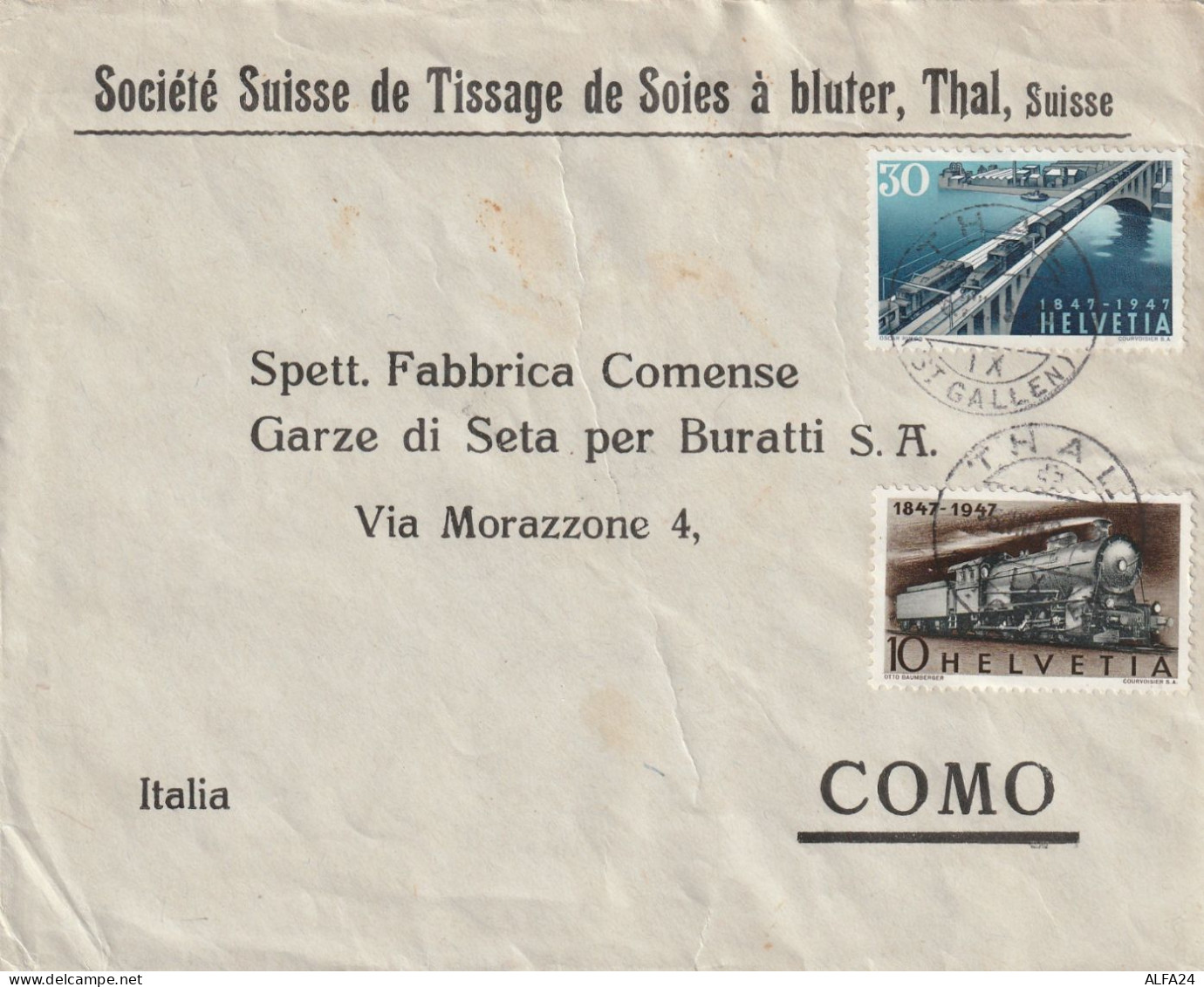 LETTERA 1947 10+30 TIMBRO THAL ST.GALLEM ARRIVO COMO (YK79 - 1946-60: Poststempel