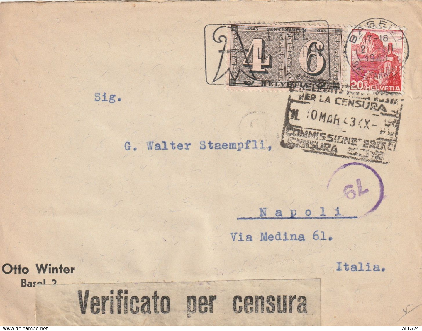 LETTERA SVIZZERA 1943 CENSURA TIMBRO BASEL ARRIVO BASEL (YK78 - Covers & Documents