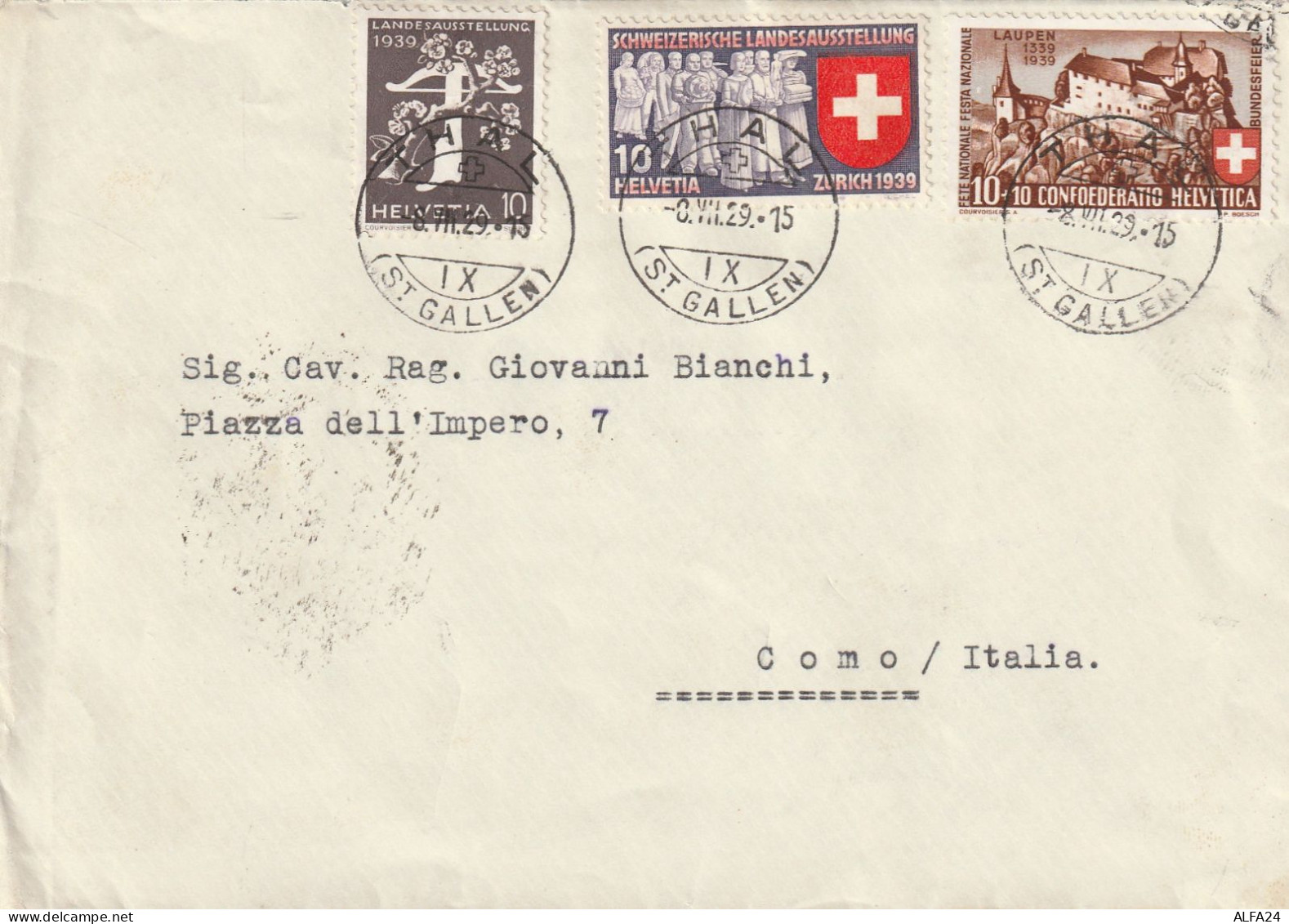 LETTERA 1939 SVIZZERA 10+10+10 TIMBRO THAL ST GALLEN COMO (YK73 - Covers & Documents