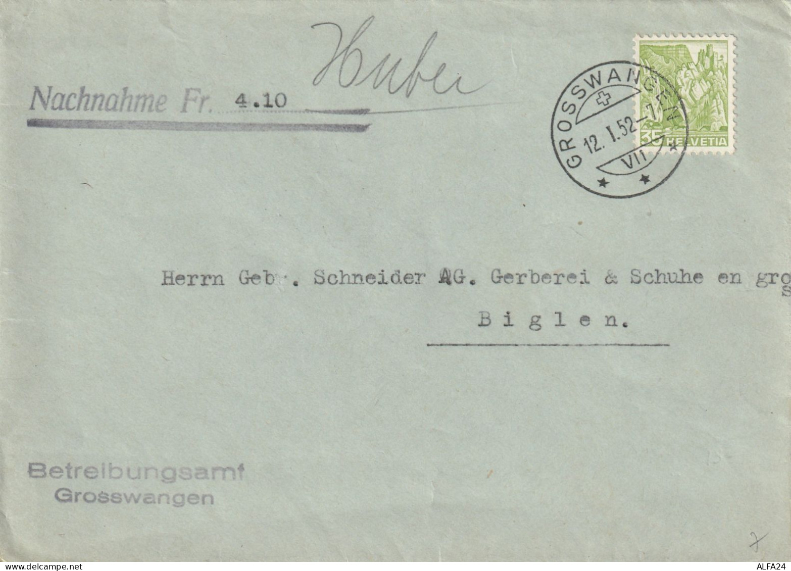 LETTERA SVIZZERA 1952 35 TIMBRO GROSSWANGEN  (YK66 - Lettres & Documents