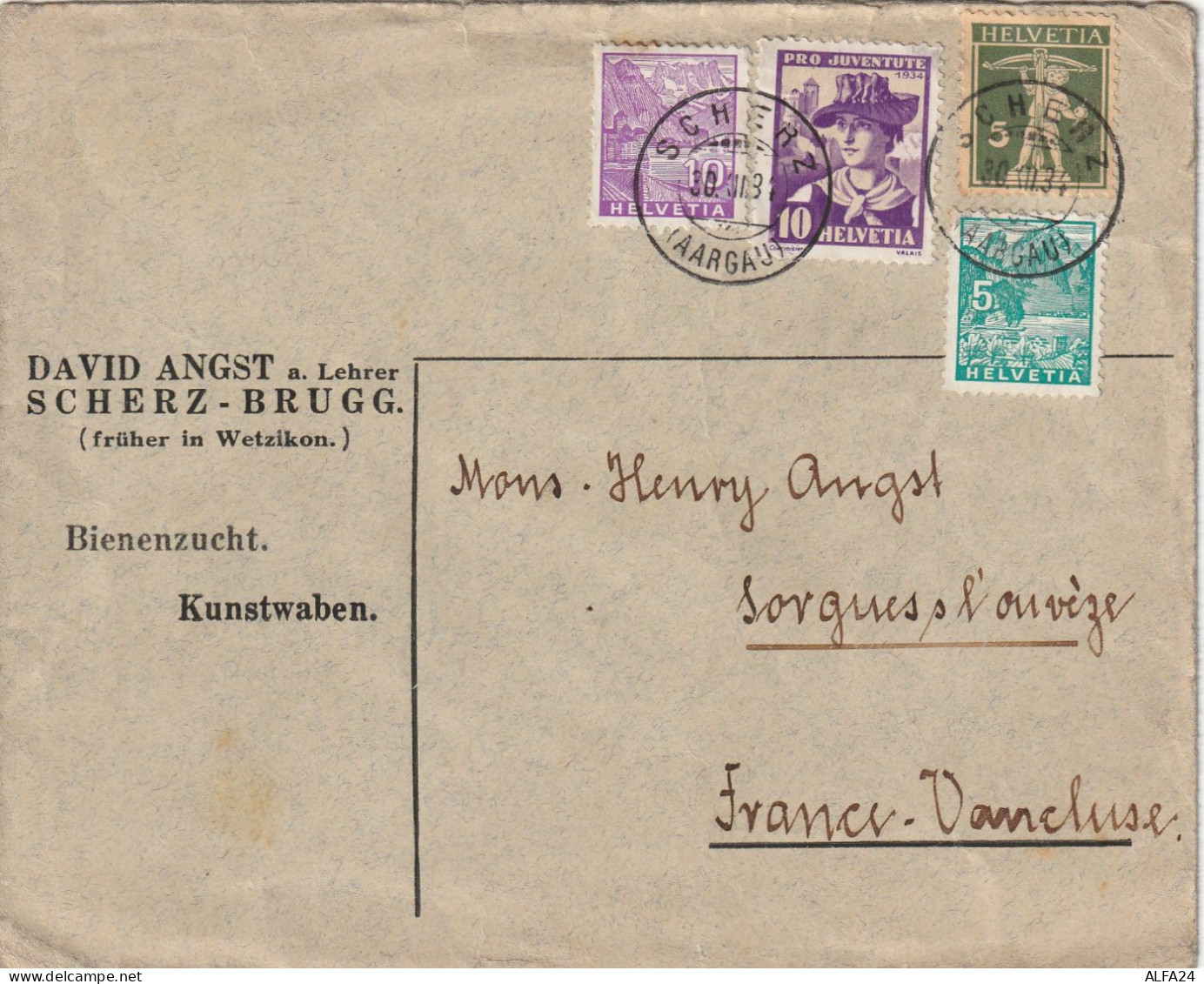 LETTERA SVIZZERA 1934 10+10+5+5 TIMBRO AARGAU+SCHERZ (YK65 - Lettres & Documents
