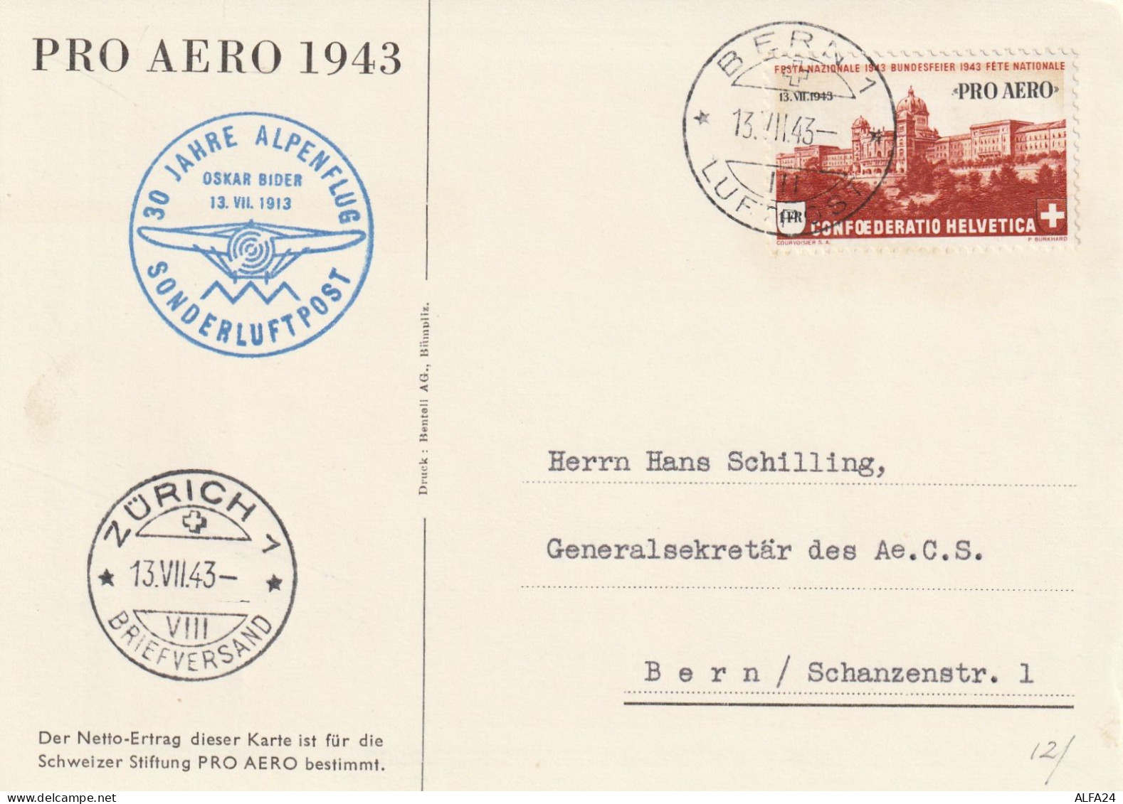 CARTOLINA SVIZZERA 1943 PRO AEREO TIMBRO BERN ZURICH  (YK53 - Covers & Documents