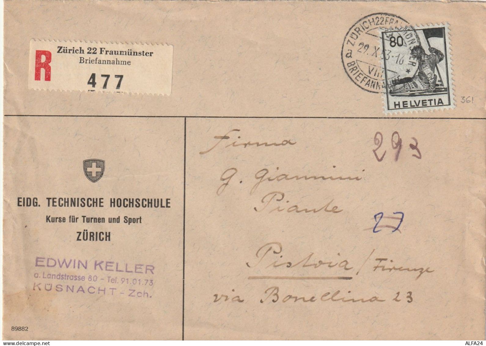 RACCOMANDATA 1953 SVIZZERA 80 TIMBRO ZURICH PISTOIA (YK51 - Covers & Documents