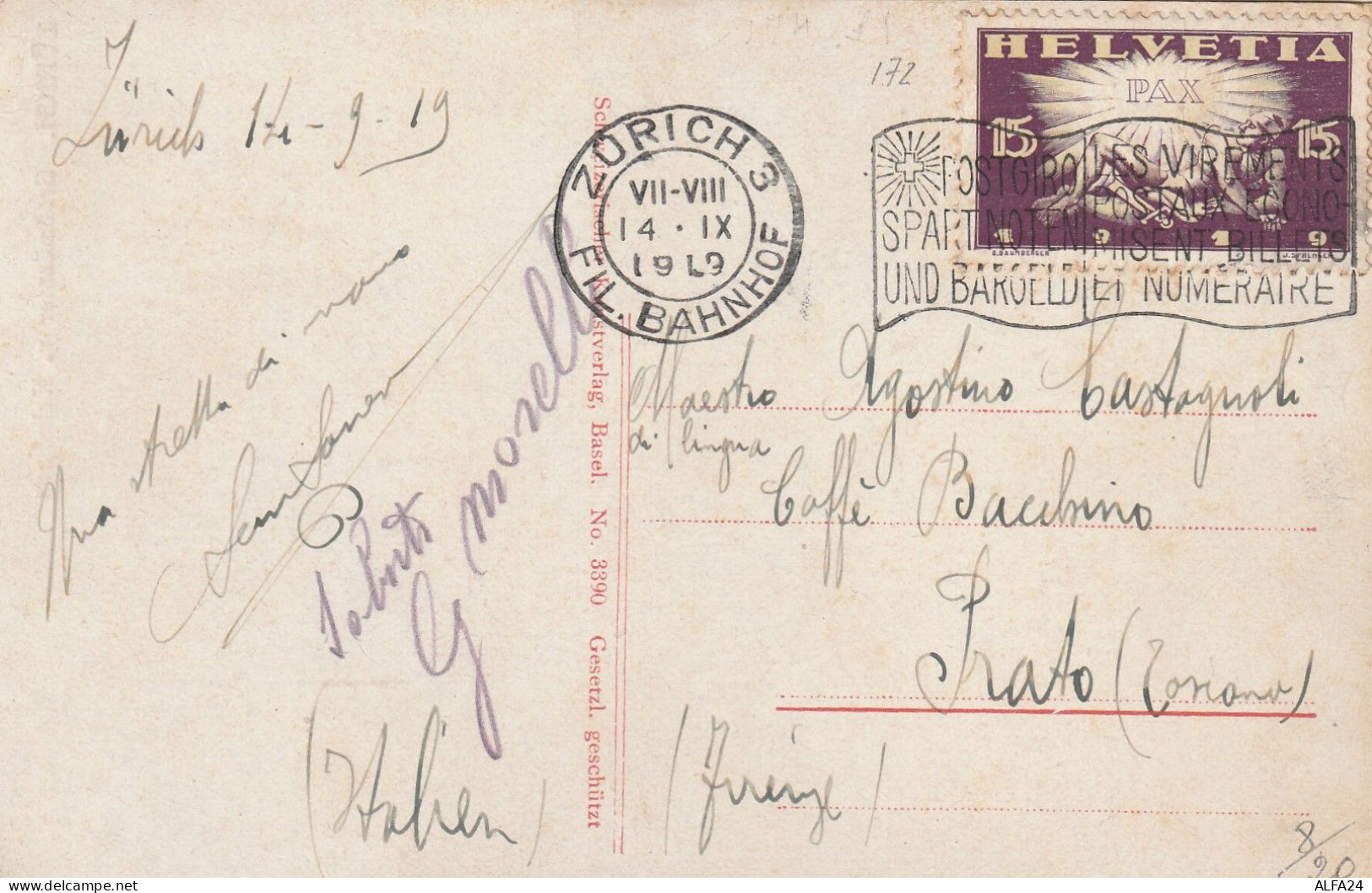 CARTOLINA SVIZZERA 1919 15 PAX TIMBRO ZURICH POSTGIRO (YK45 - Covers & Documents