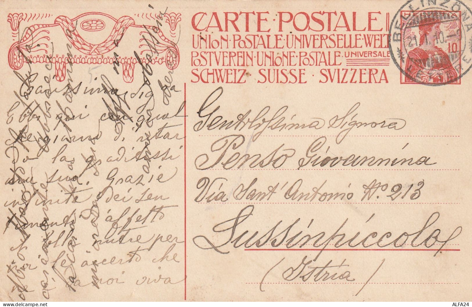 INTERO POSTALE SVIZZERA 1909 10 TIMBRO BELLINZONA (YK48 - Stamped Stationery