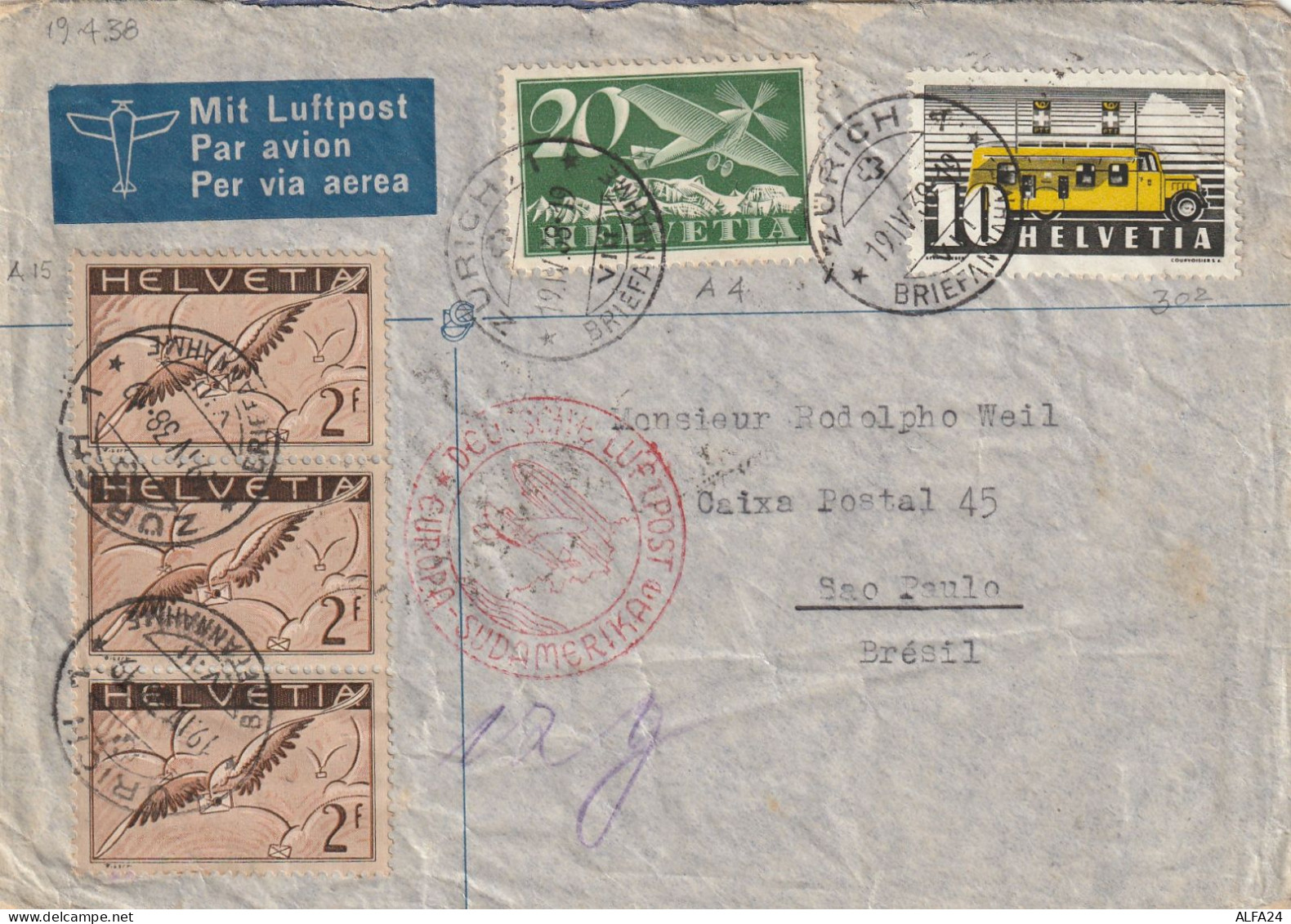 POSTA AEREA SVIZZERA 1938 DIRETTA BRASILE 3X2+20+10 (YK36 - Autres Documents