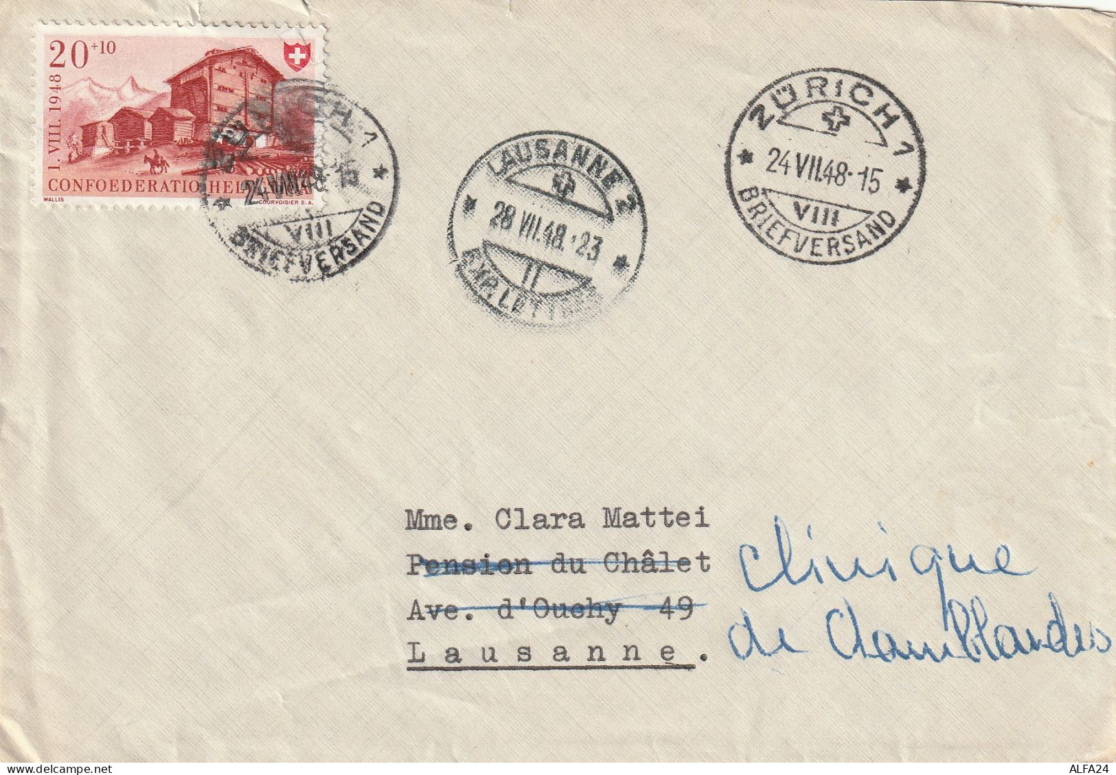 LETTERA SVIZZERA 1948 20 TIMBRO ZURICH LAUSANNE (YK33 - Covers & Documents