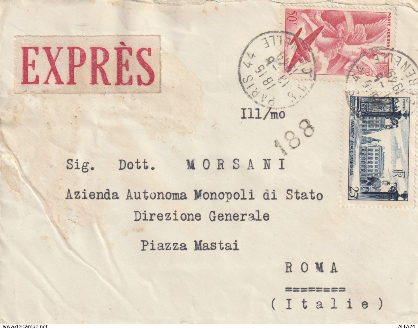 ESPRESSO FRANCIA 1949 DA AMBASCIATA ITALIANA DI PARIGI 50+25 - POSTA AEREA (YK37 - Lettres & Documents