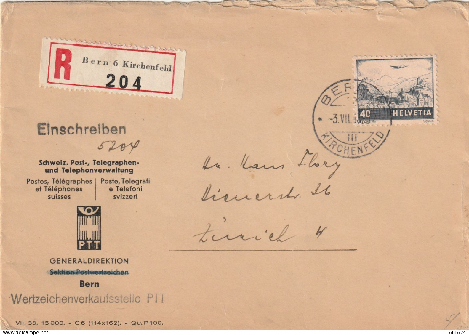 RACCOMANDATA SVIZZERA 1943 40 TIMBRO BERN KIRCHENFELD (YK24 - Covers & Documents