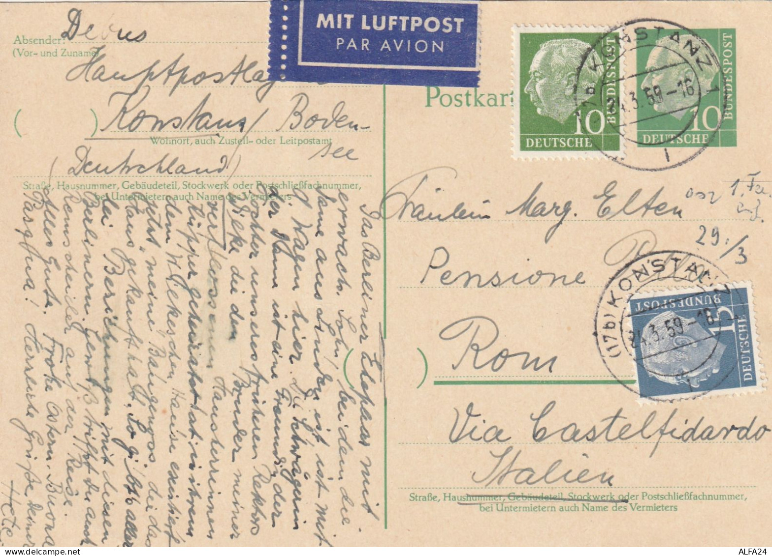 INTERO POSTALE GERMANIA 1959 10+10+15 TIMBRO KOSTANZ (YK14 - Postkarten - Gebraucht