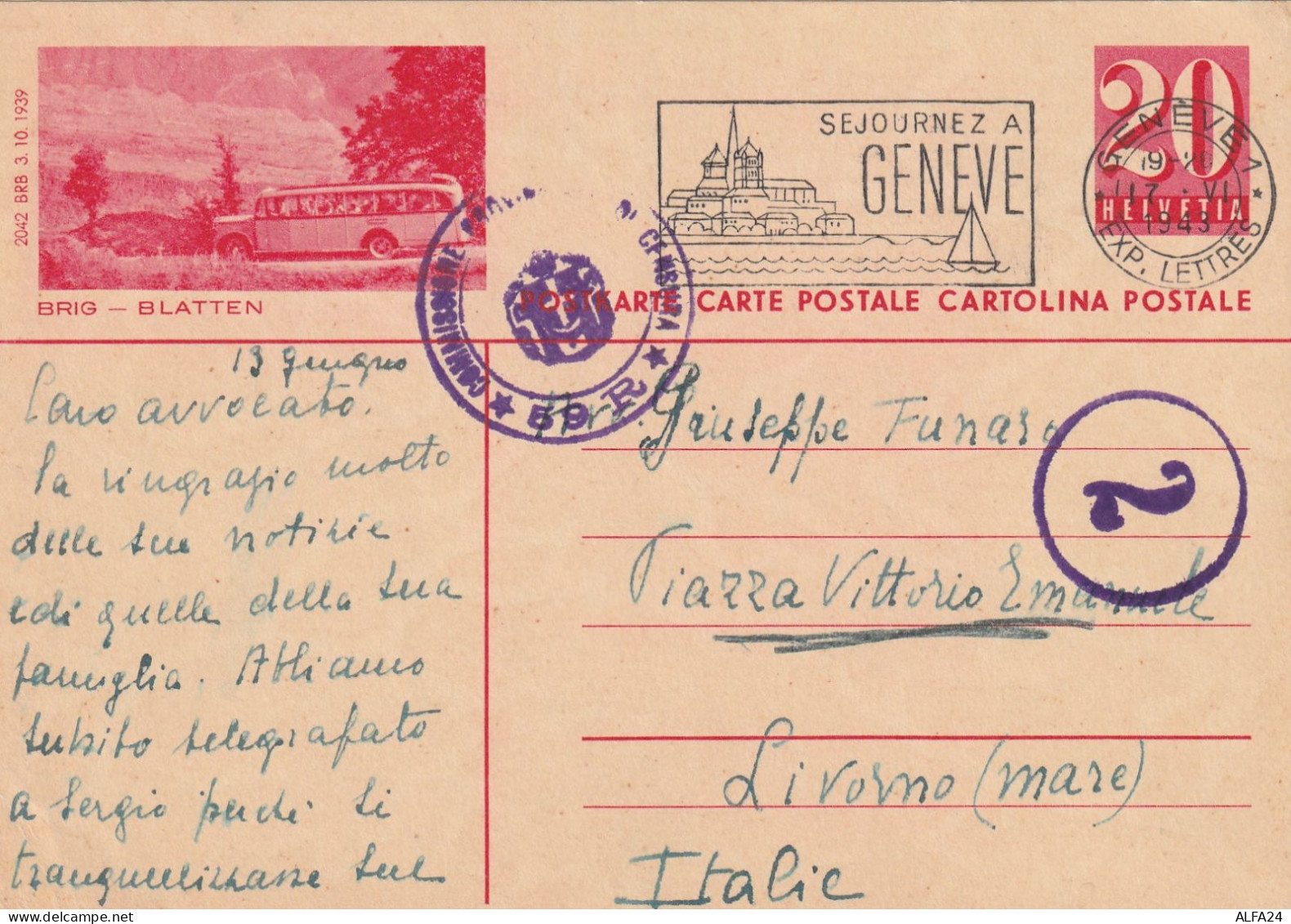 INTERO POSTALE 1943 20 BRIG - BLATTEN TIMBRO GENEVE -SVIZZERA (YK7 - Stamped Stationery