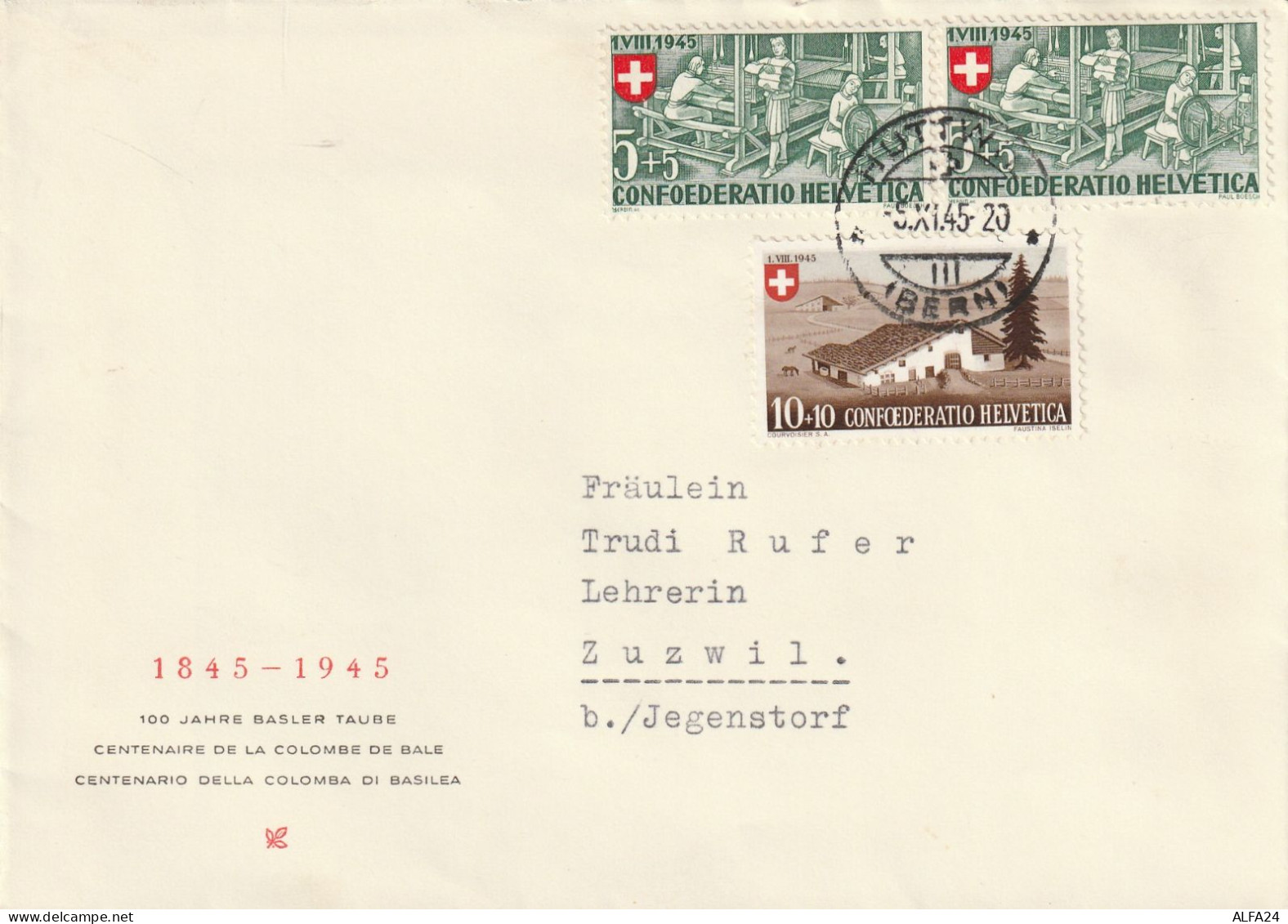 LETTERA SVIZZERA 1945 2X5+5+10+10 TIMBRO HUTTIN BERN (YK5 - Covers & Documents