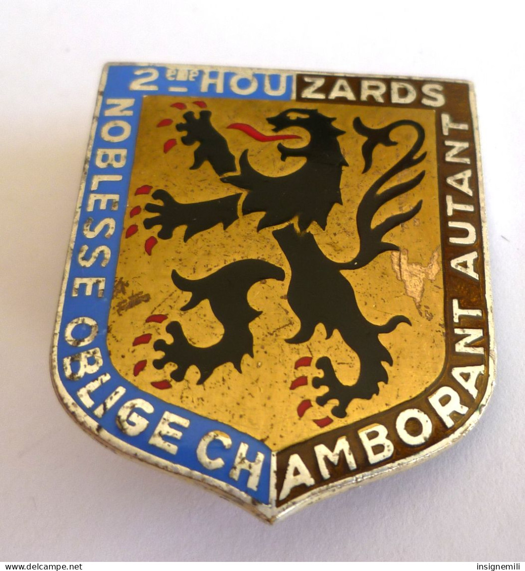 INSIGNE 2° REGIMENT DE HUSSARDS - Lion Des Flandres Noir - Dos Guilloché Argenté - DRAGO PARIS H 583 - Army