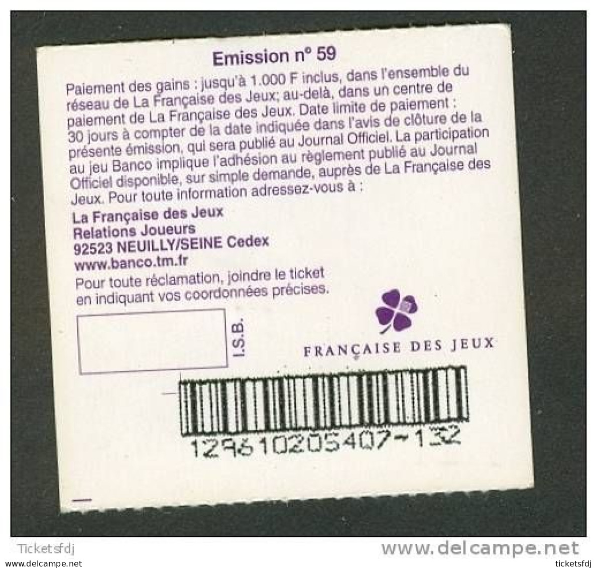 Grattage FDJ - Tickets BANCO En Francs Au Choix (12961-12962-12963-12964-12965) FRANCAISE DES JEUX - Billets De Loterie