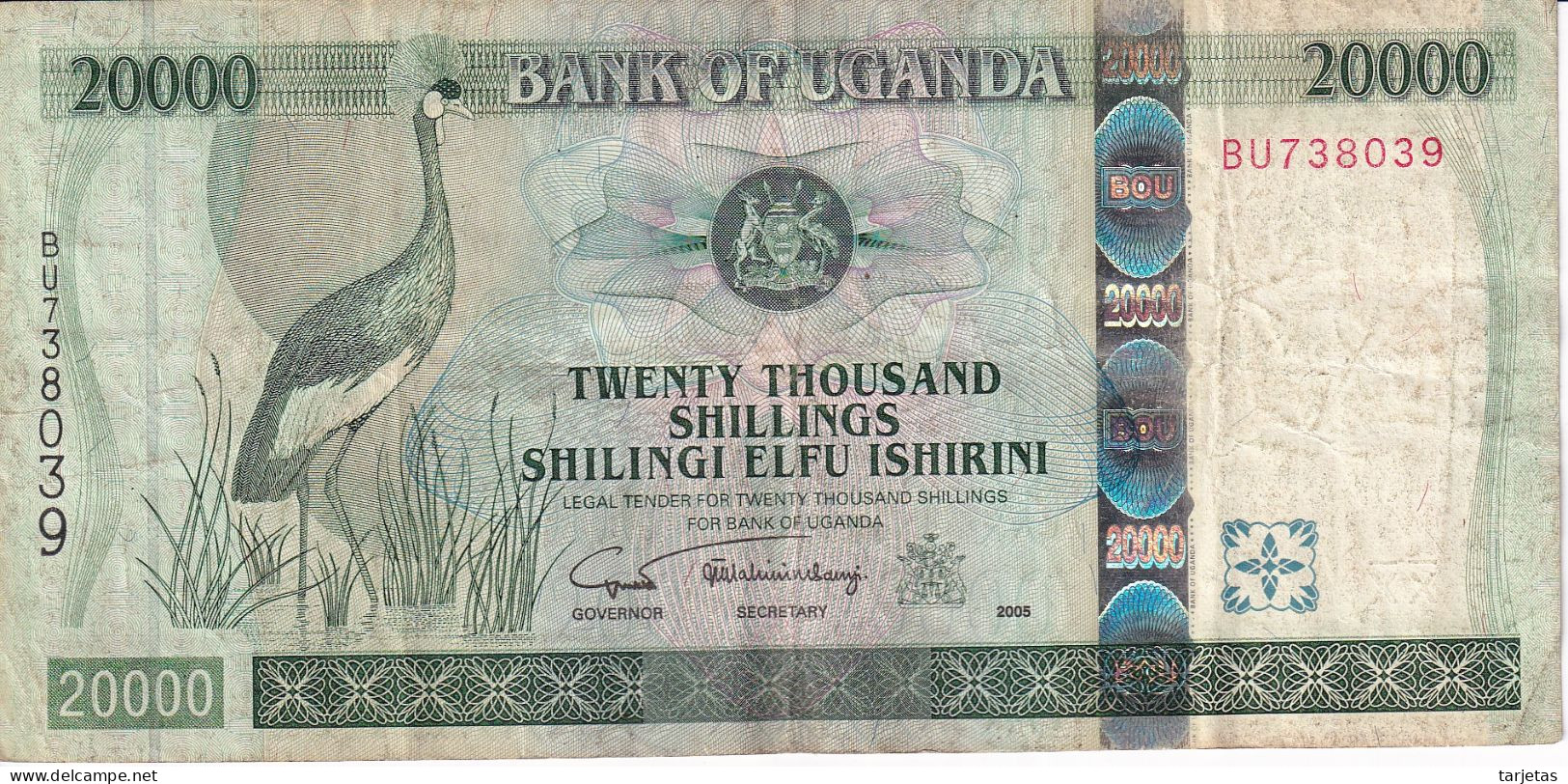 BILLETE DE UGANDA DE 20000 SHILLINGS DEL AÑO 2005 (BANKNOTE) GRULLA CORONADA - Ouganda