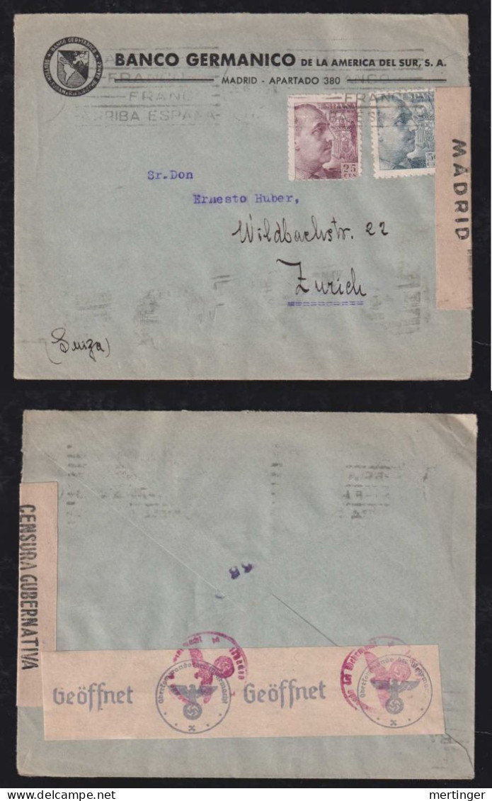 Spain 1941 Double Censor Cover MADRID X ZÜRICH Switzerland Banco Germanico - Brieven En Documenten
