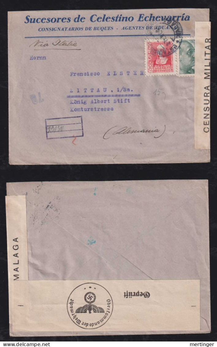 Spain 1941 Double Censor Cover MILITAR MALAGA X ZITTAU Germany - Brieven En Documenten