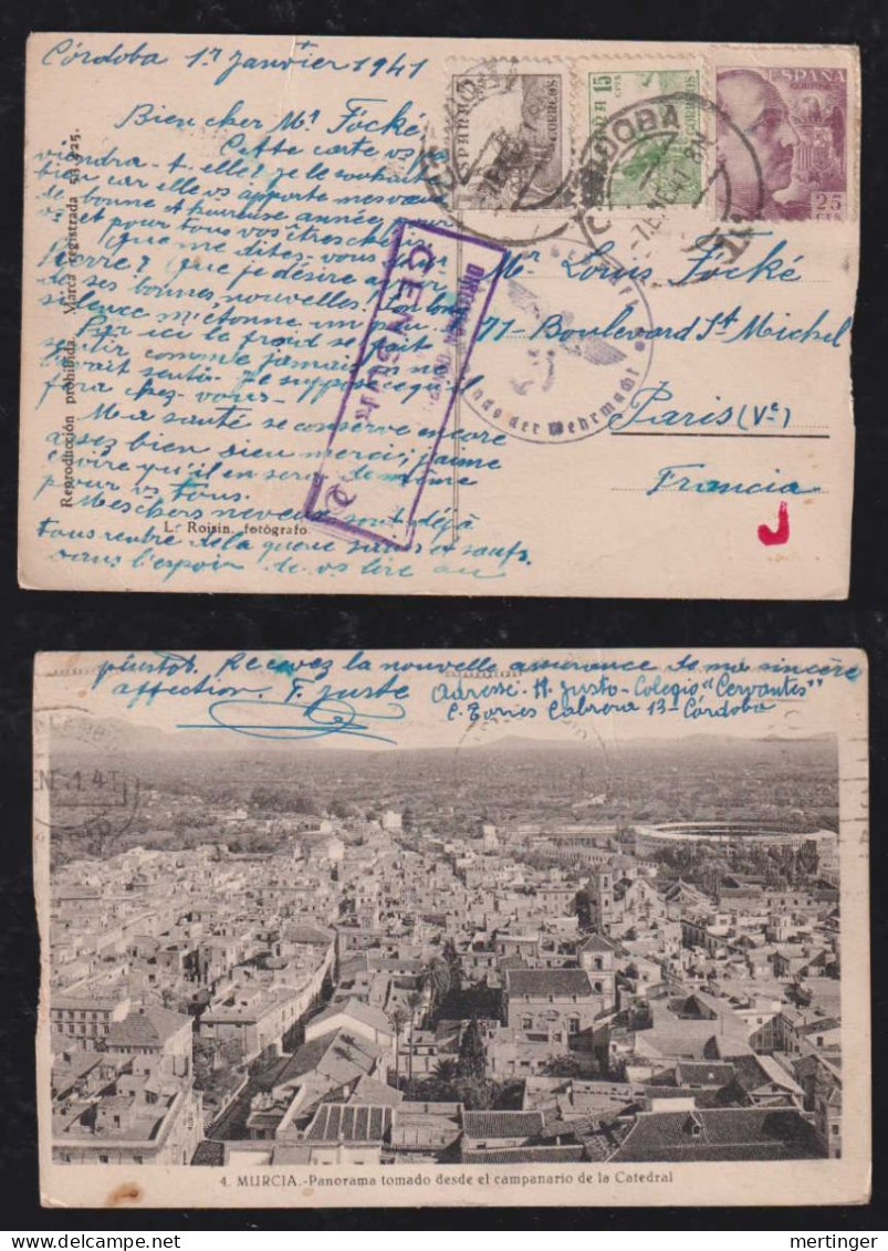 Spain 1941 Double Censor Picture Postcard CORDOBA X PARIS France - Brieven En Documenten