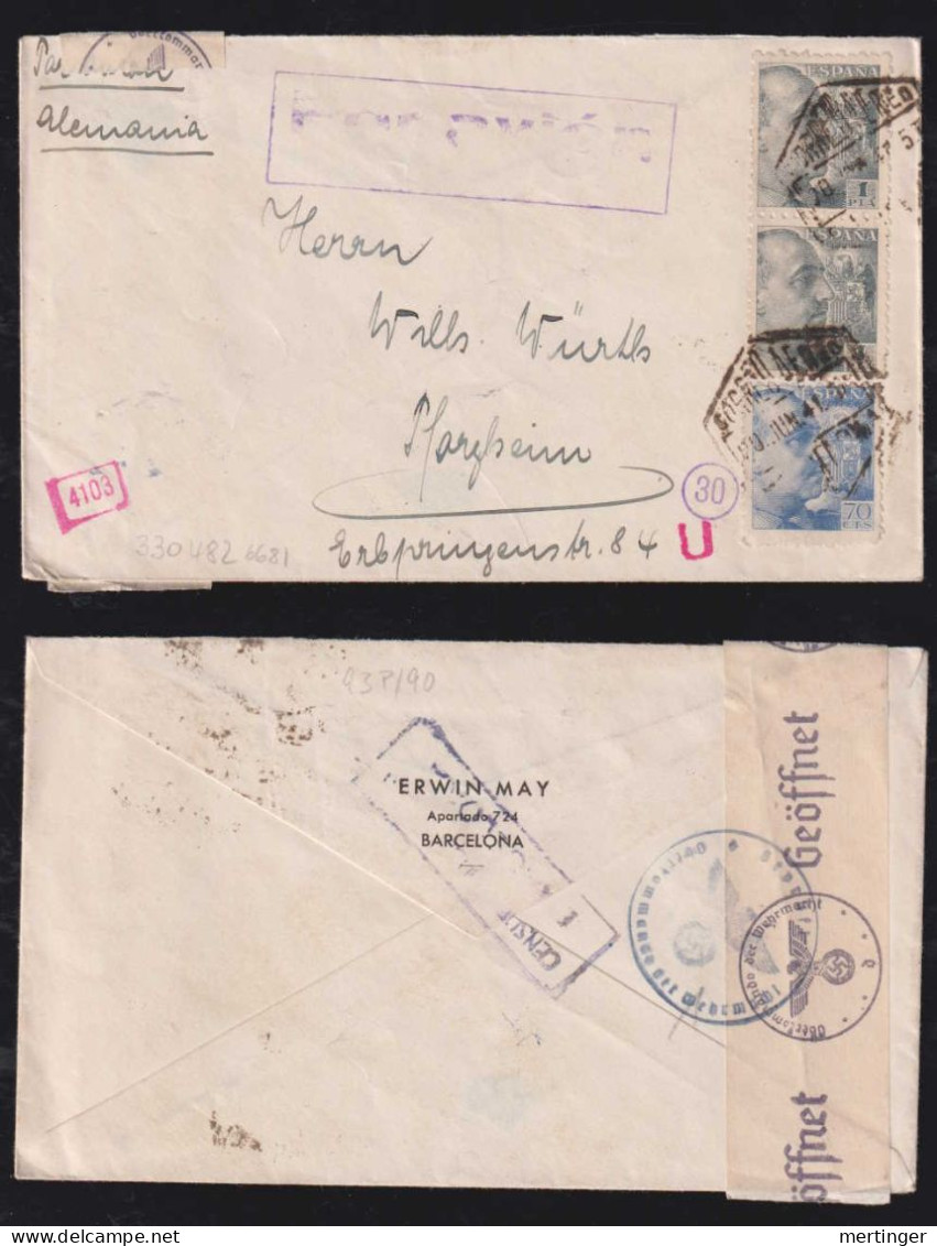 Spain 1941 Double Censor Airmail Cover BARCELONA X PFORZHEIM Germany - Brieven En Documenten