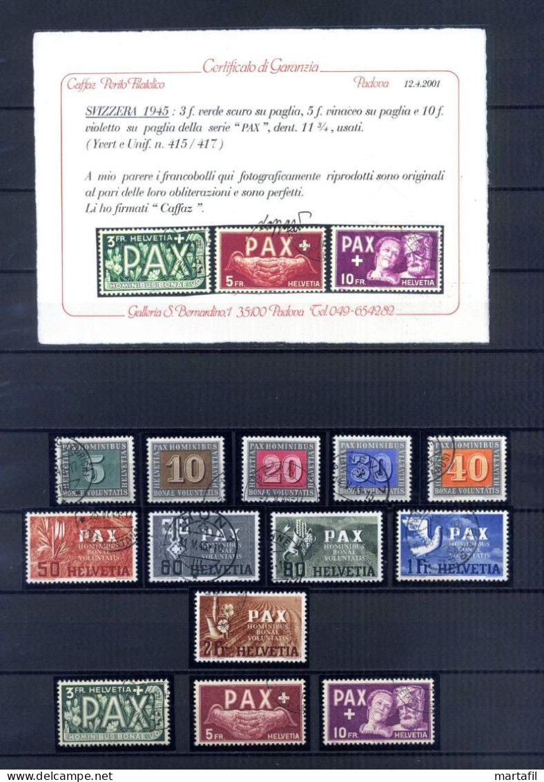 1945 SVIZZERA Serie Della Pace Completa Certificato Caffaz - Usados