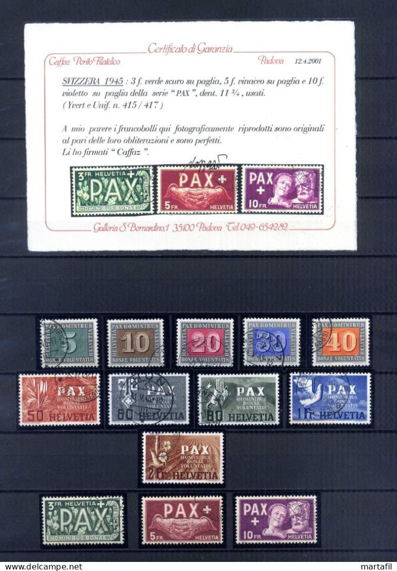1945 SVIZZERA Serie Della Pace Completa Certificato Caffaz - Used Stamps