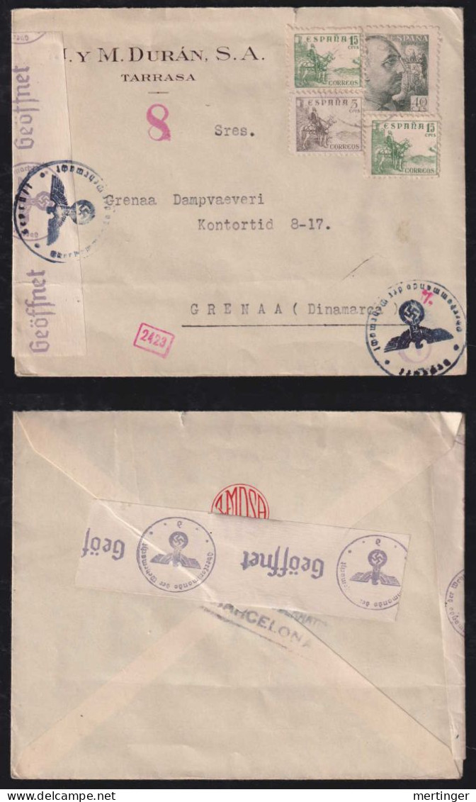 Spain Ca 1941 Double Censor Cover TARRASA X GRENAA Denmark - Brieven En Documenten