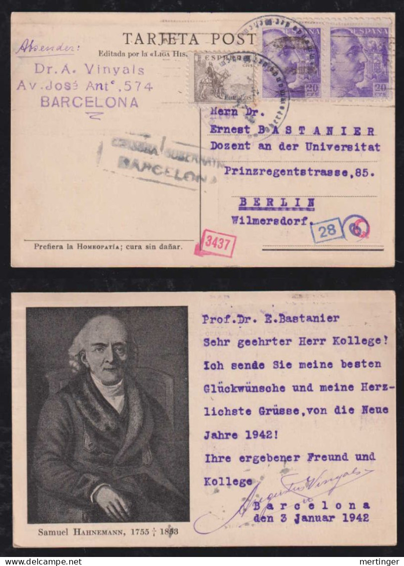 Spain 1942 Double Censor Picture Postcard BARCELONA X BERLIN Germany Samuel Hahnemann - Brieven En Documenten