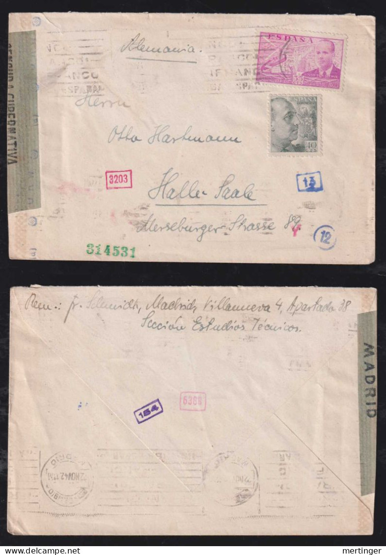 Spain 1942 Double Censor Cover MADRID X HALLE Germany - Brieven En Documenten