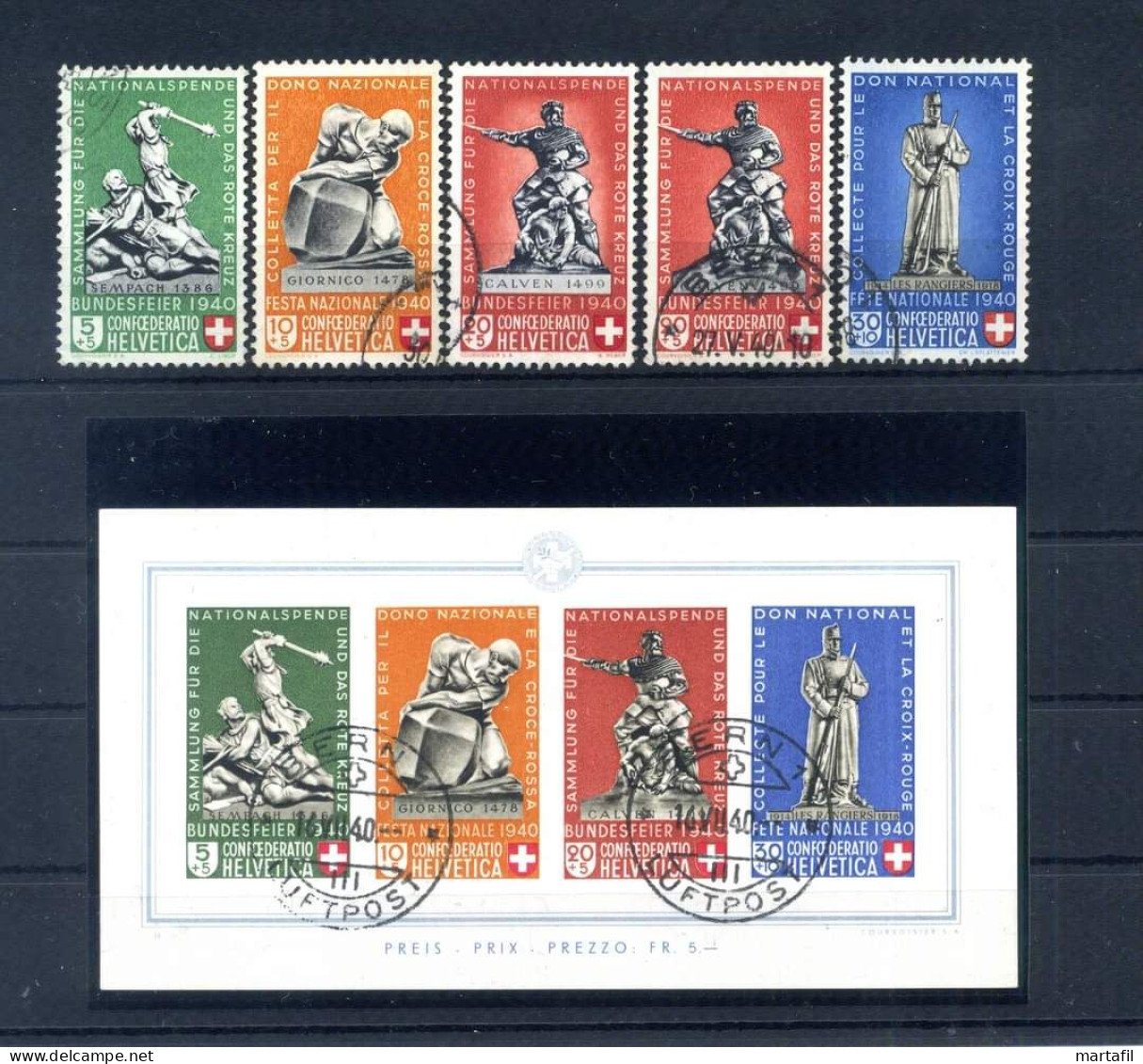 SVIZZERA 1940 Pro Patria Monumenti. Serie Di 5 Valori + BF 5 Con Annullo FDC - Oblitérés