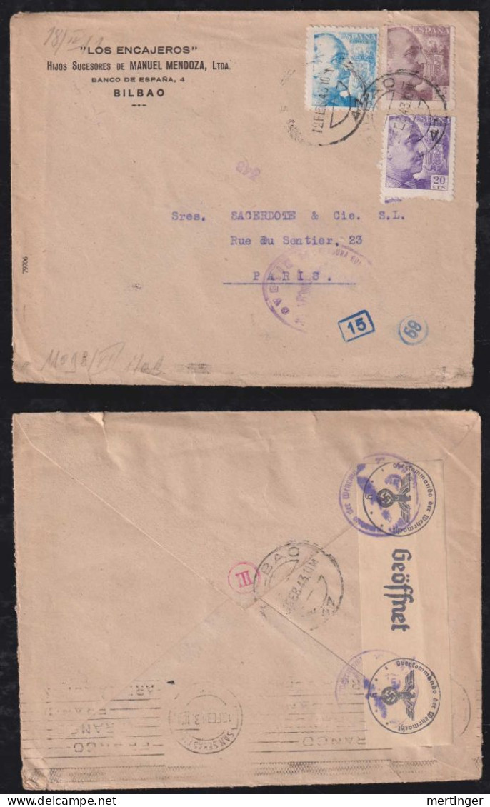 Spain 1943 Double Censor Censura Cover BILBAO X PARIS France - Brieven En Documenten