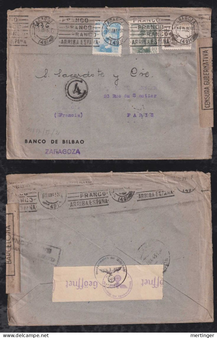 Spain 1943 Double Censor Censura Cover ZARAGOZA X PARIS France - Brieven En Documenten