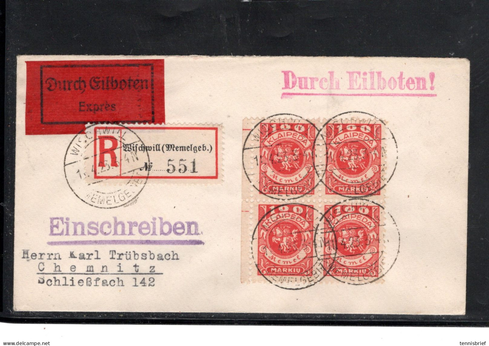 MEMEL ,1923 ,( 14.4. )  " WISCHWILL( MEMELGEBIET ) " Claire Sur 100 M. Bloc De 4 ,   ,rare Lettre Recommandee #1737 - Storia Postale