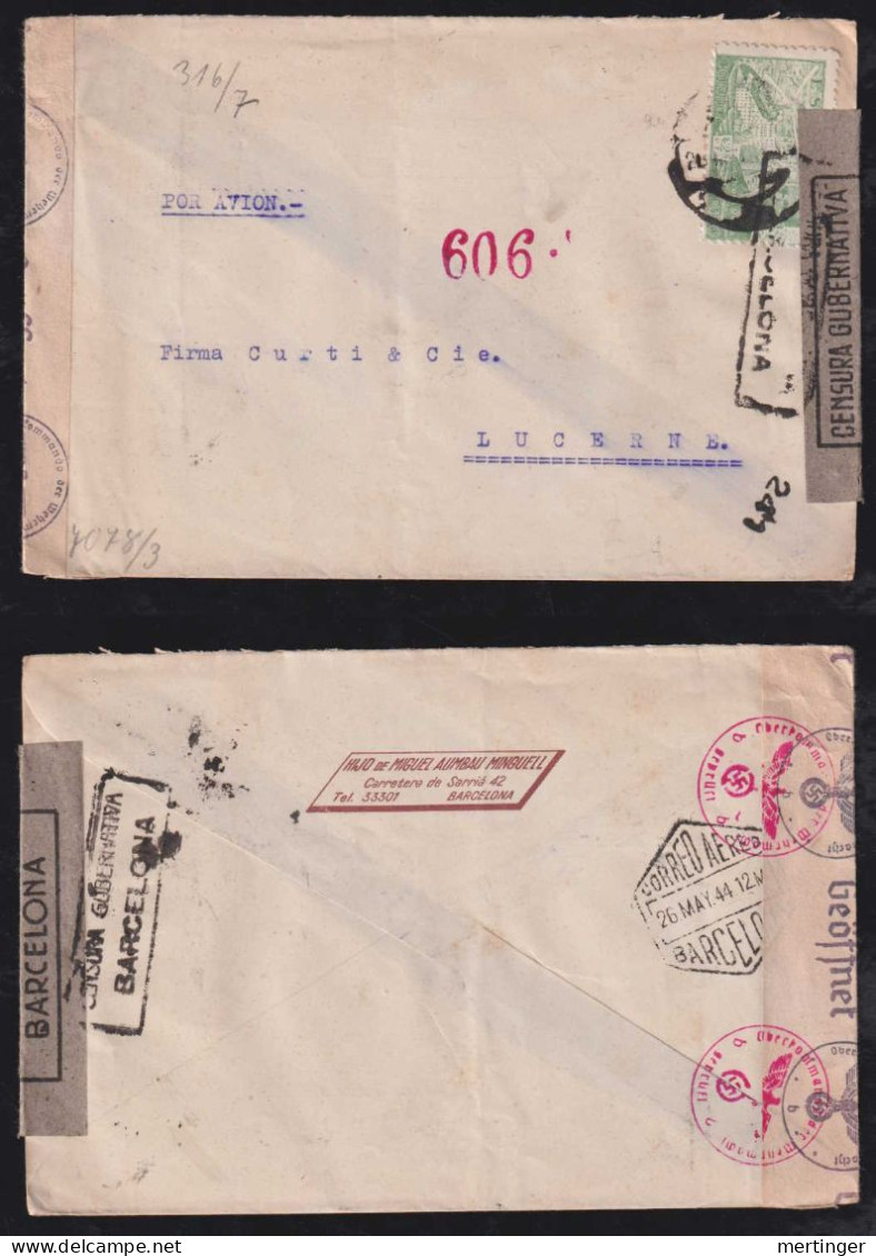 Spain 1944 Double Censor Cover BARCELONA X LUZERN Switzerland - Brieven En Documenten