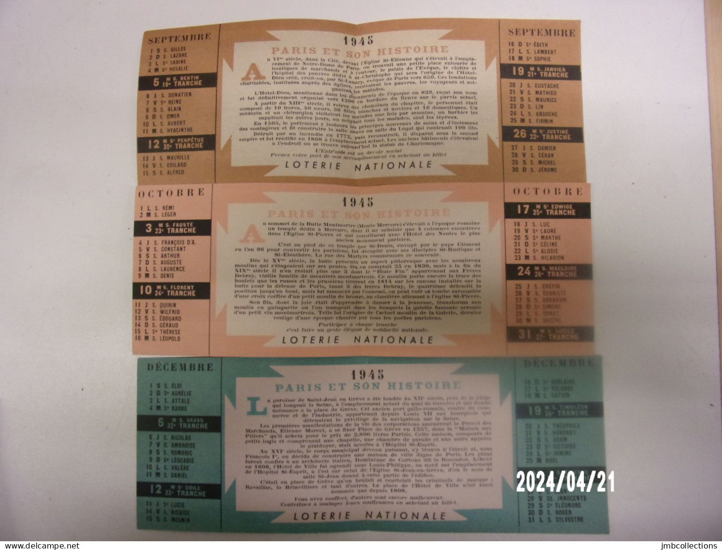 LOTERIE NATIONALE MOIS DE SEPTEMBRE OCTOBRE DECEMBRE 1945 PARIS - Billetes De Lotería